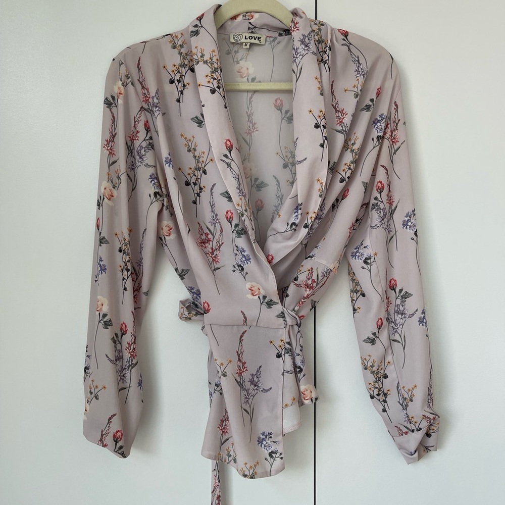 Love Floral Print Wrap Blouse - Cream and Pink